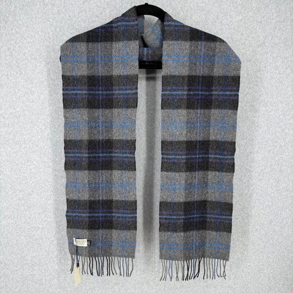 Blarney Long Lambswool Fringed Scarf Oblong Gray Blue Plaid Made in Ireland NEW - Picture 1 of 6